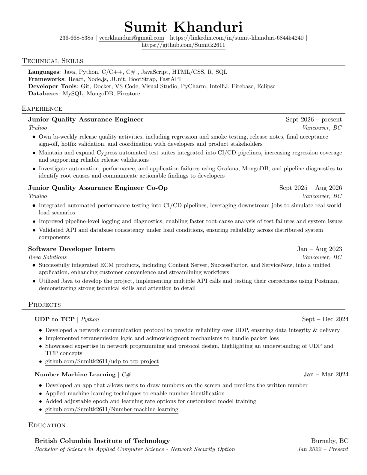 Preview of Sumit Khanduri’s résumé, including contact details, technical skills, Trulioo and Reva Solutions experience, projects, and education. Open or download the PDF for selectable text.